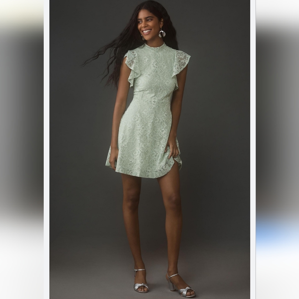 Anthropologie NWT Maeve flutter sleeve mock neck lace mini dress green Large